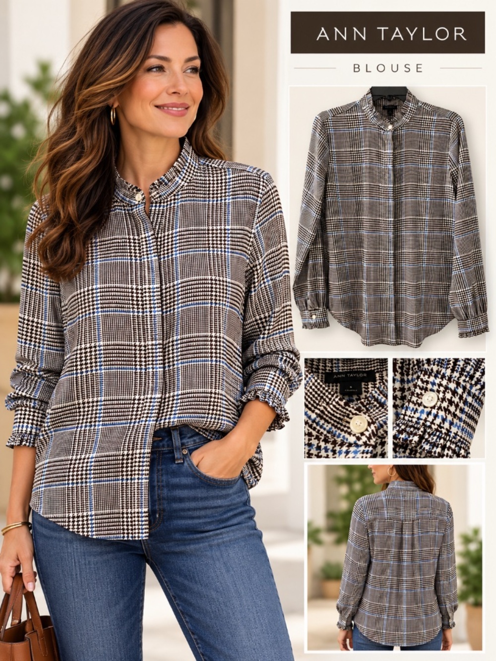 Ann Taylor Plaid Houndstooth Blouse Size S